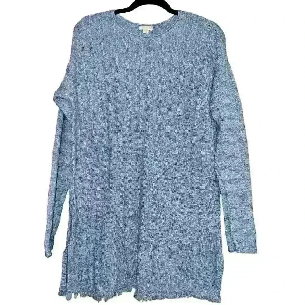 J Jill Size‎ M Knit Tunic Sweater Fringe Hem Faux Button Back Business Casual